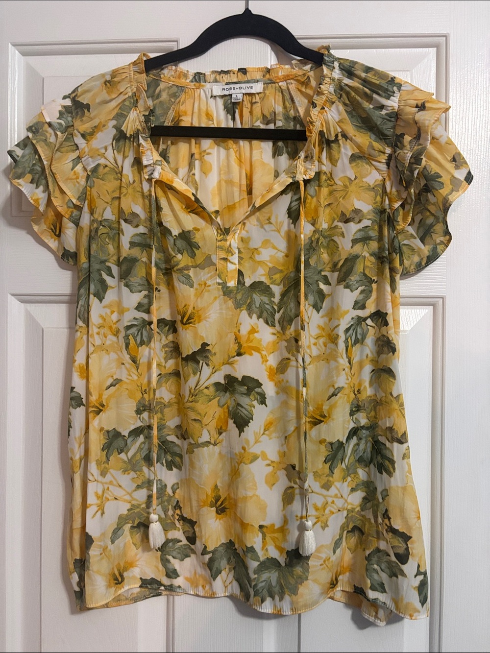 Rose & Olive Yellow Floral Tie-Neck Flutter Sleeve Blouse